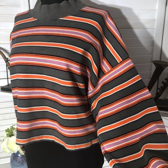 Wild Fable cotton cropped sweatshirt striped green orange long sleeves L - Picture 7 of 9